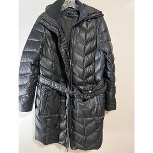 Lands End Long Down Puffer Parka Coat Womens Medium Black Hood Belt Winter Warm